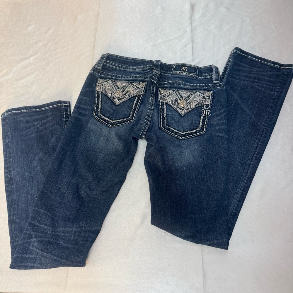 Miss Me Signature Slim Boot Western Sequins Embellished Denim Blue Jeans - Picture 2 of 12